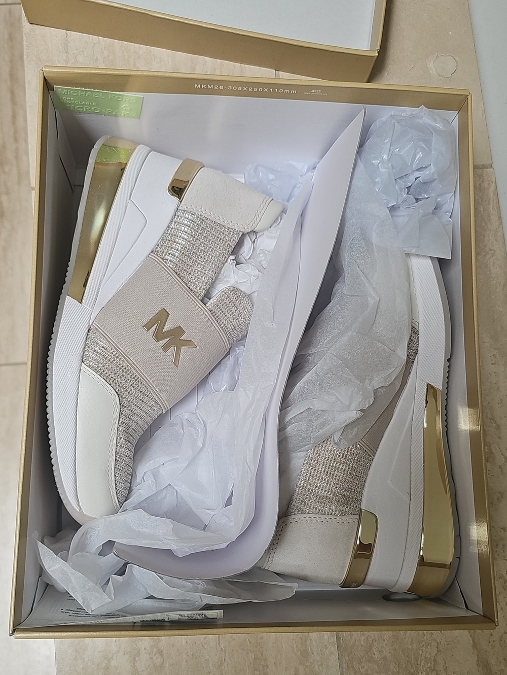 Michael Kors Beige and Gold Slip-On MK Trainer Sneakers